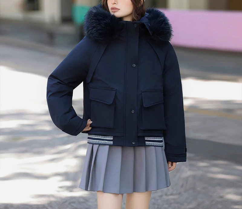 New Plus Size Women's Short Student Cotton Jacket with Loose Large Fur Collar and Contrasting Colors