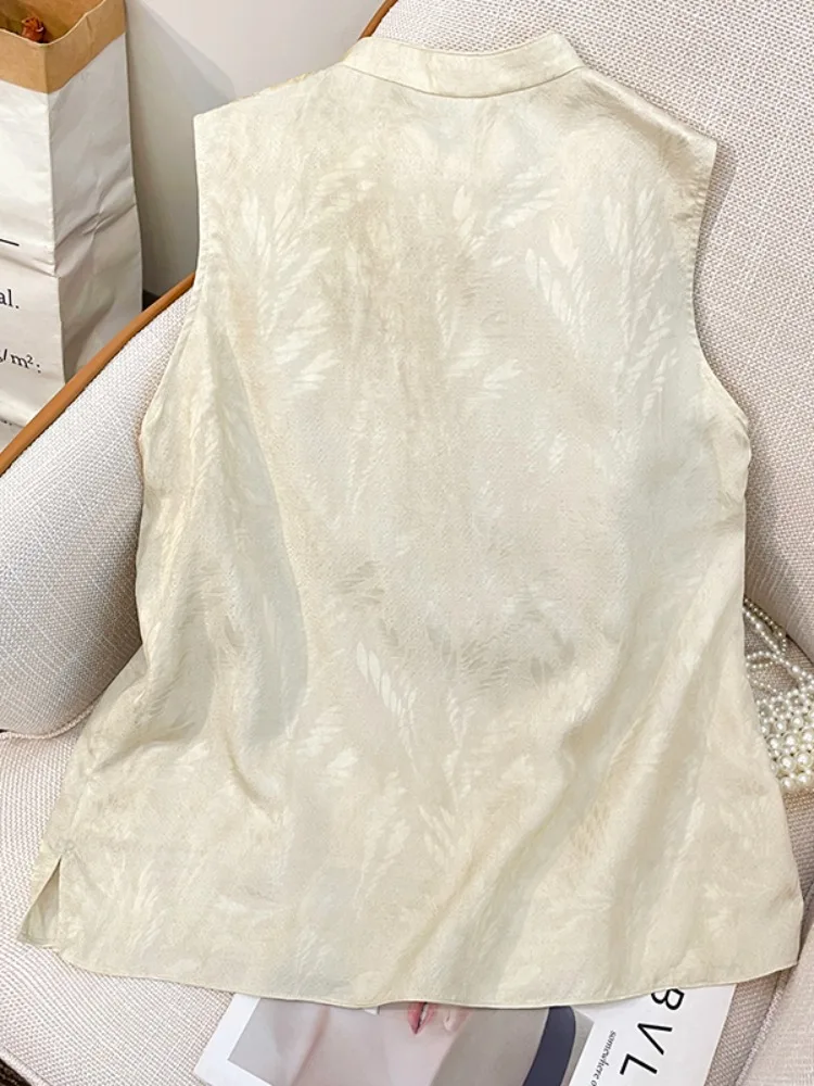 Nieuwe Chinese Sle Nationale Trend Knop Geborduurd Vest Vrouwen Zomer Ontwerp Sensatie Bovenkleding Svel Stand Kraag Top