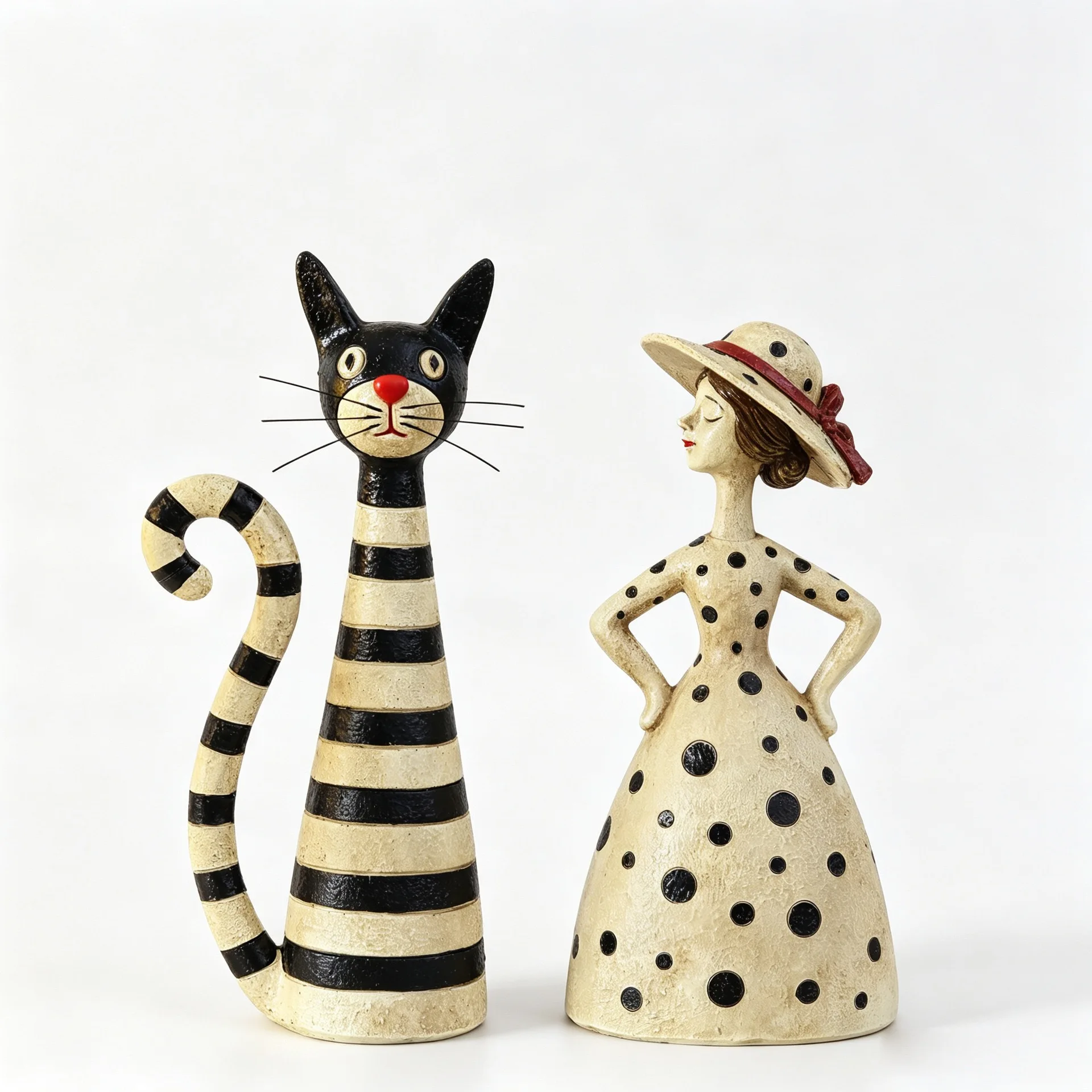 Vintage Cat and Lady Sculptures Tabletop Ornament Home Decor Set of 2 Resin Cat Lady Statues Handpainted Vintage Folk Art Figuri