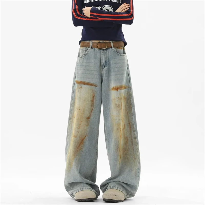 

American Streetwear Distressed Baggy Denim Pants Men's Gradient Straight Wide-leg Jean Autumn Harajuku Fashion Graffiti Y2K Jean