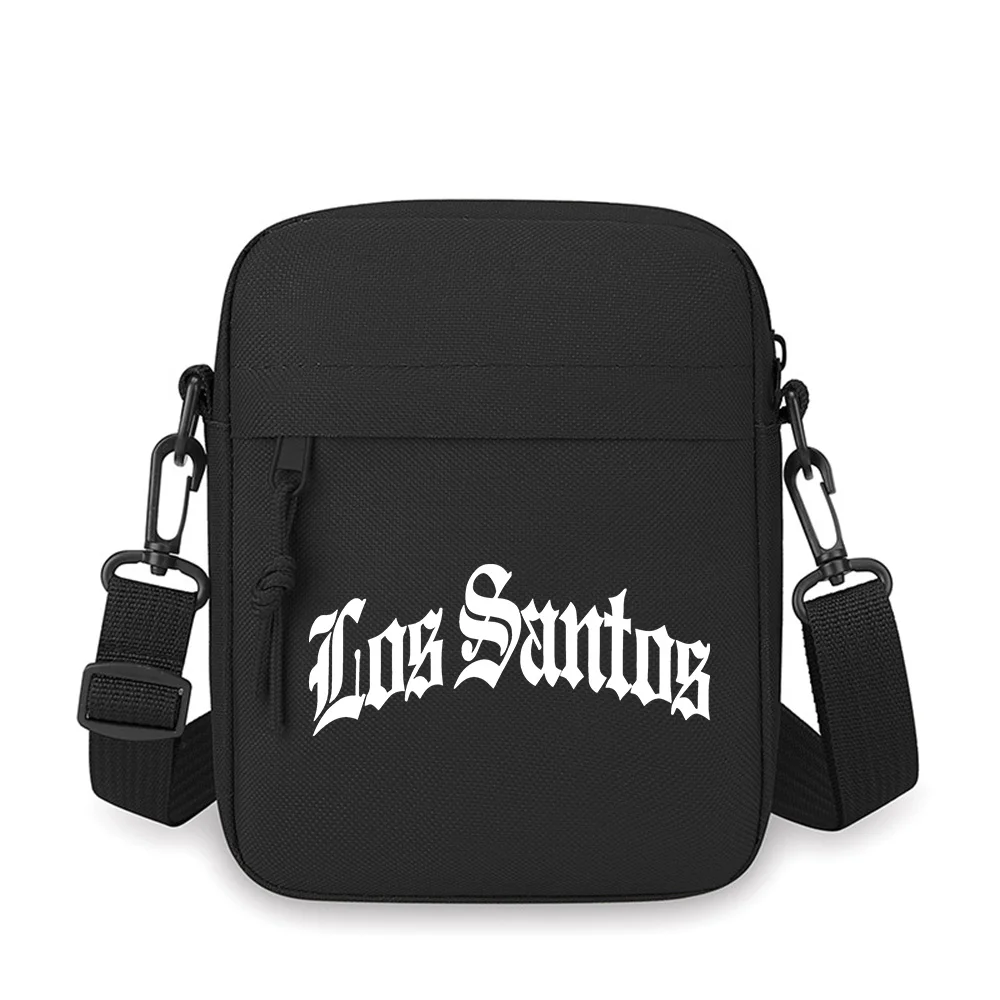 White gothic words Los Santos. Men Crossbody Bag Single Shoulder Women Cartoon Anime Film Printing Design Unisex