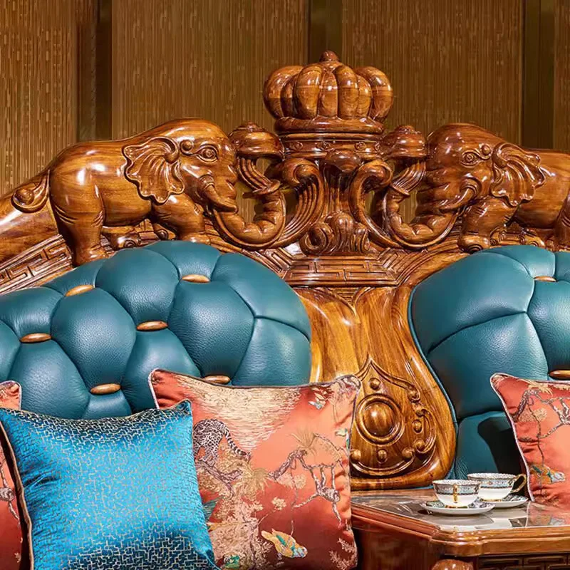 New Chinese Ebony Thickened First-layer Cow Leather Sofa Living Room Jixiang Carved Villa Apartment Type Four-person Combination