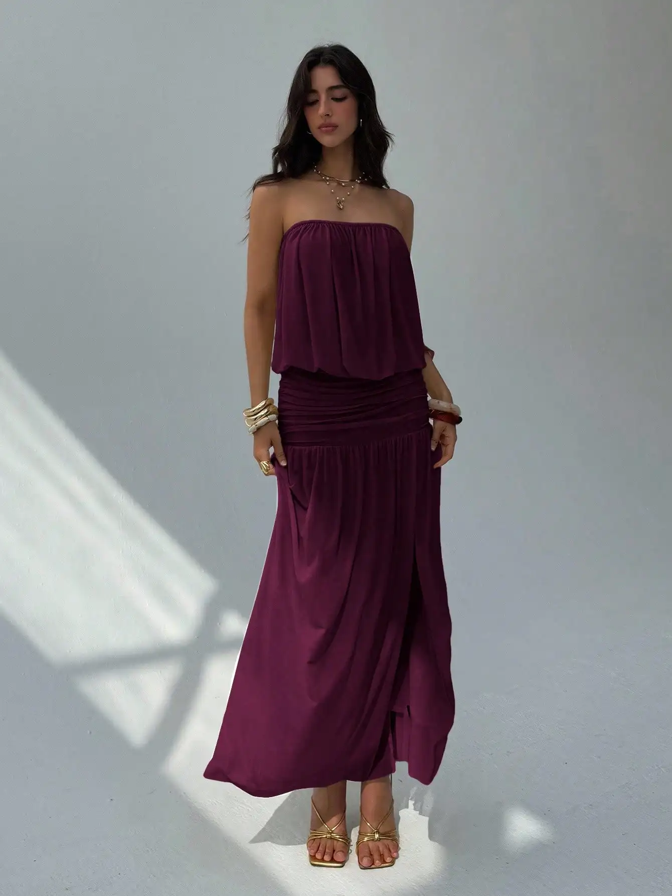 

Elegant Strapless Maxi Dress With Draped Top, Ruched Waist, High Side Slit And Asymmetrical Hem For Summer