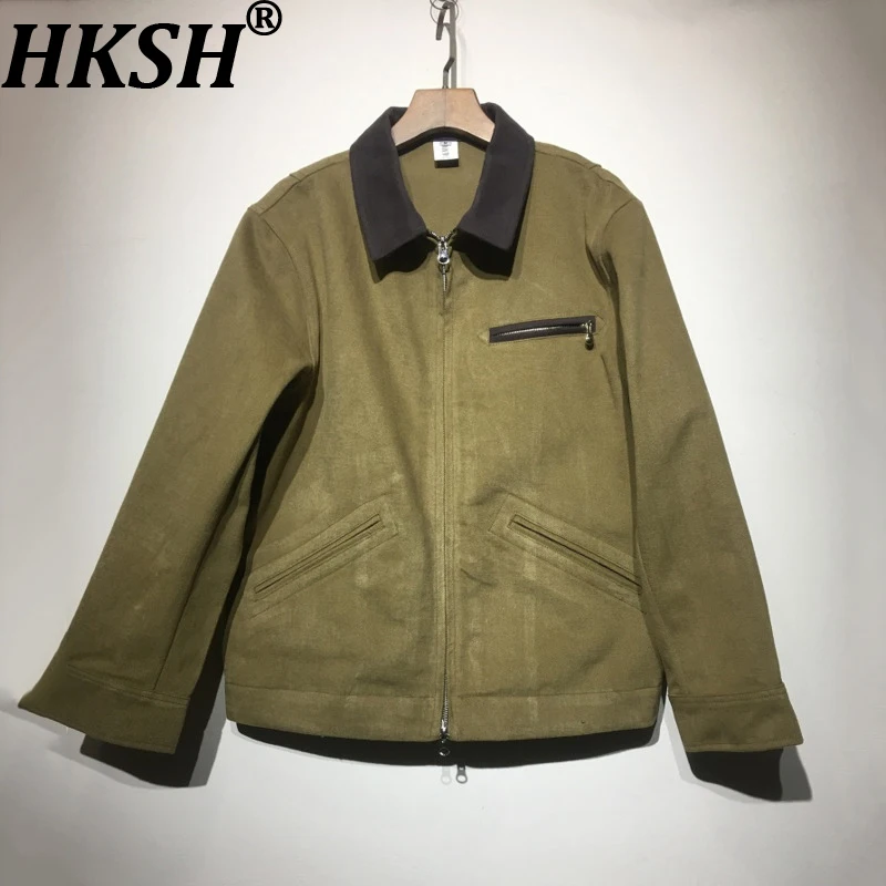 

HKSH Spring Autumn New Men Safari Style Brushed Color Block Zippers Design Cotton Jacket Trend Casual Dark Punk Ins Coat HK15873