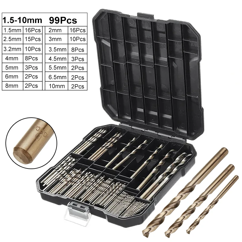 

99Pcs/box M35 Cobalt HSS-Co 5% Twist Drill Bits Set 1.5-10mm Stainless Steel Metal Copper Alloy Woodworking Hole Opener