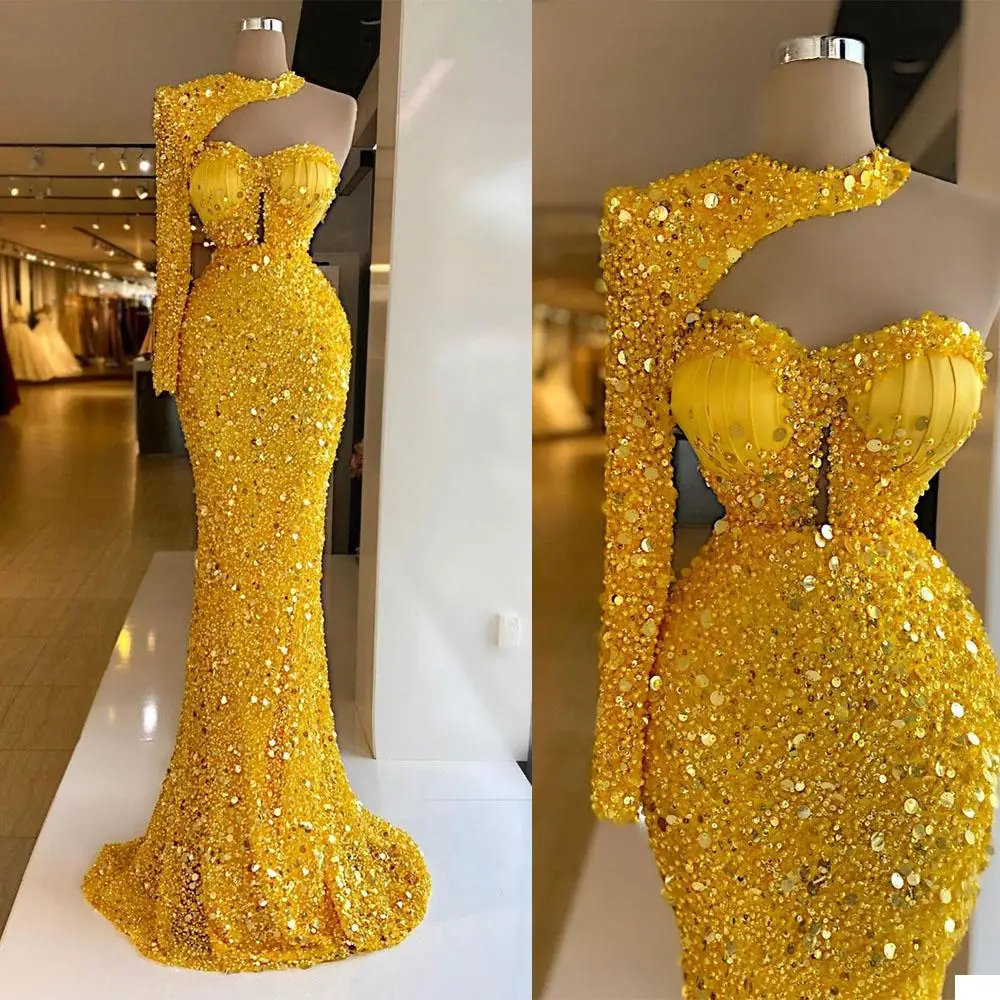 

Luxury sequined prom dress elegant one-shoulder sleeves formal party birthday dress mermaid evening dress customization