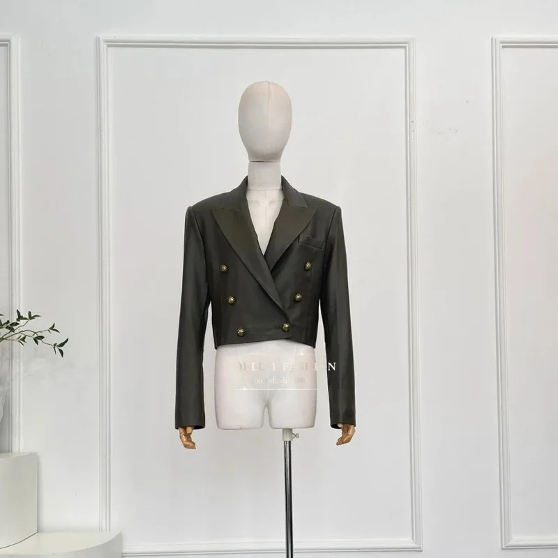 

Autumn New Casual Style Women Wearing 2026 100% Sheep Leather Dark Green Long Sleeve Blazer