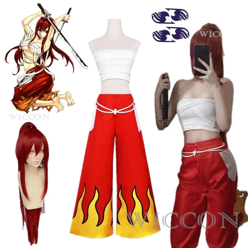 

Anime Cosplay Women Japanese Anime Role Erza Scarlet Costume Pants White Tube Tops Red Cool Set Dark Blue Tail Tattoo Sticker