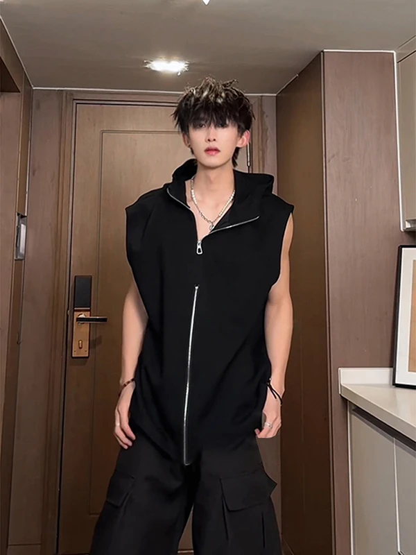 

Summer Bla Hooded Svel American Sle Fitn Men's Vest Zipper oulder Sportswear Casual Loose Fit Youth Trend