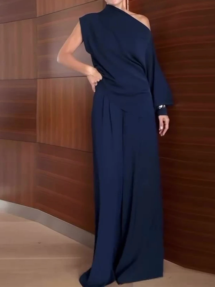 

Autumn New Solid Color Loose Commute Outfit Fashion Slash Collar One-shoulder Sleeve Women's Set Casual Simple Pocket Pants Sets