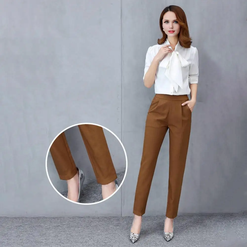 

Solid Color Trousers Elegant Women's High Waist Slim Fit Pants with Pockets for Office Lady Style Solid Color Casual Commuting