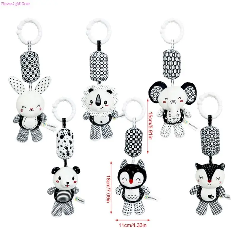 D0JC Gancio per culla per lo sviluppo infantile Nero Bianco Peluche Animale Stimolazione sensoriale uditiva Sonaglio per Decori