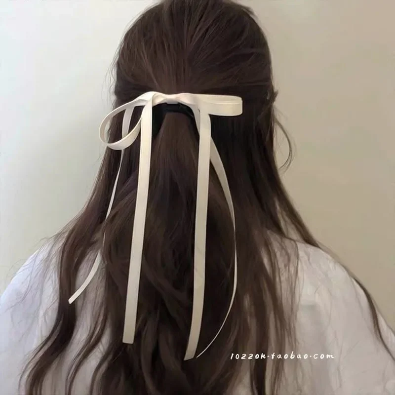 Fashion Ribbon Bow Hair Rope for Women Korean Design White Black Long Tassel Elastic Rubber Bands Girls Ponytail Ties Headwear