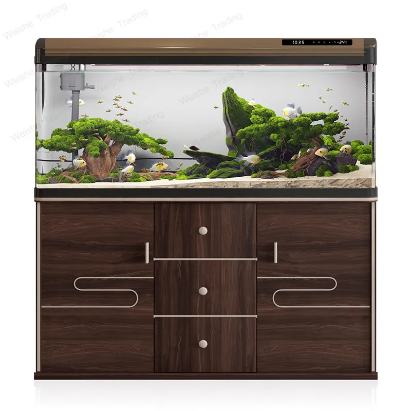 

Super Clear Glass Goldfish Bowl with Eco Self-Cleaning System & Cabinet Floor Standing Water Change Free Aquarium Furniture JT40