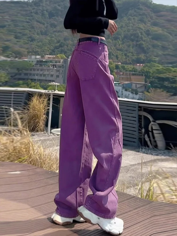 Spodnie jeansowe plus size w kolorze fioletowym, luźne, z wysokim stanem, wyszczuplające, proste nogawki, codzienne, wygodne, dżinsowe, jesienne modne.