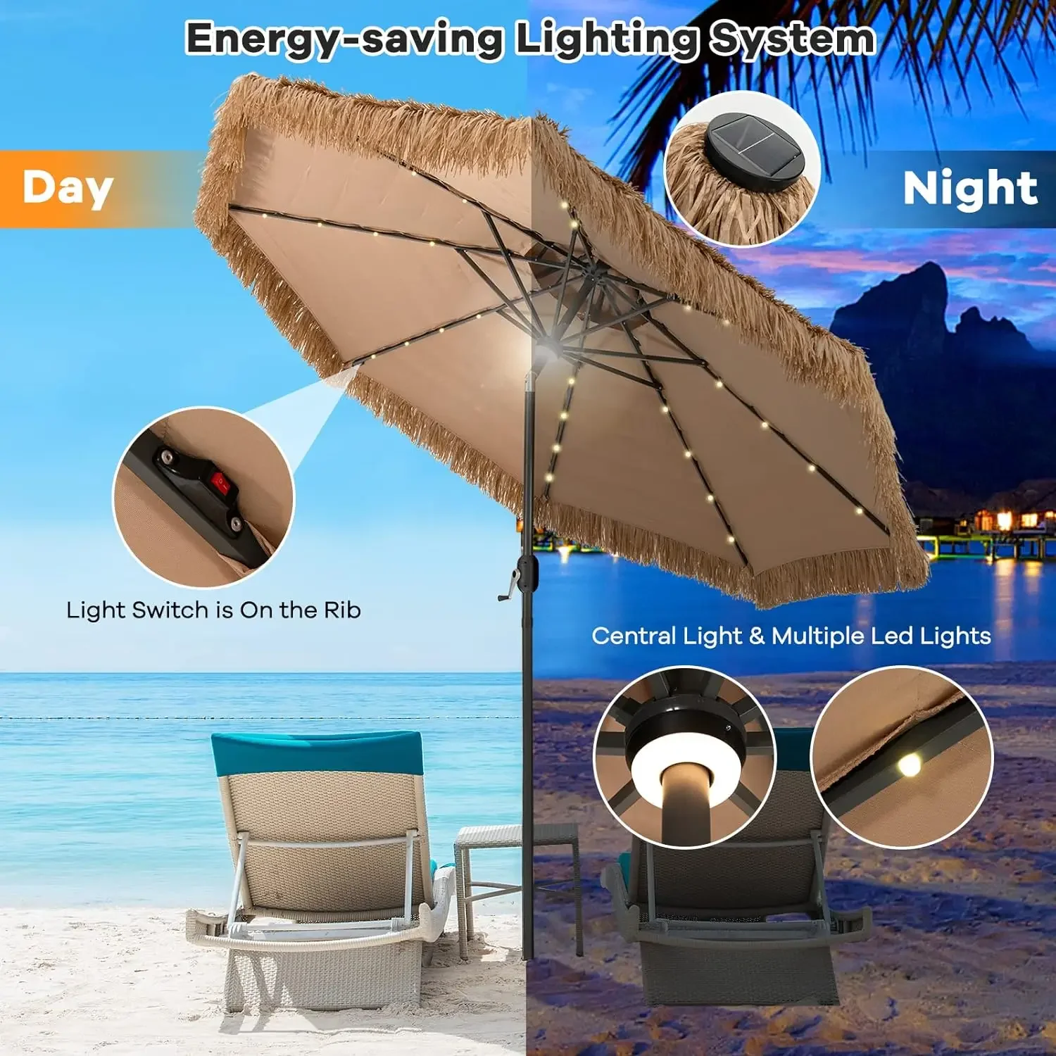 Paraguas de Patio de paja de 10 pies, sombrilla de playa de hierba de Estilo Hawaiano de 2 niveles con 32 luces Led, luz central, sombrilla Solar Tiki