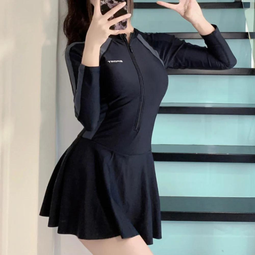 Letter Long Sleeve Zipper Skirt Swimsuit Beachwear Color Blocking Hot Spring Swimwear Ins Sun Protection Swimming Pool Swimwear image 5