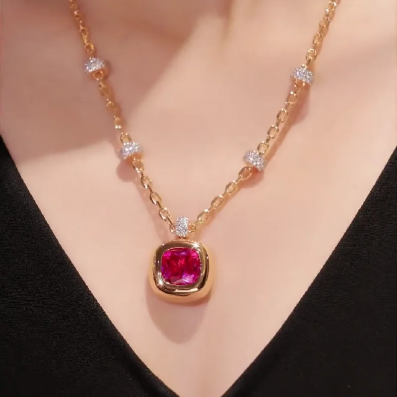 CMEO Square Rose Red Cubic Zirconia Necklace 925 Silver Gold Plated Unique Chain Sparkling Pendant Elegant Fashion Jewelry