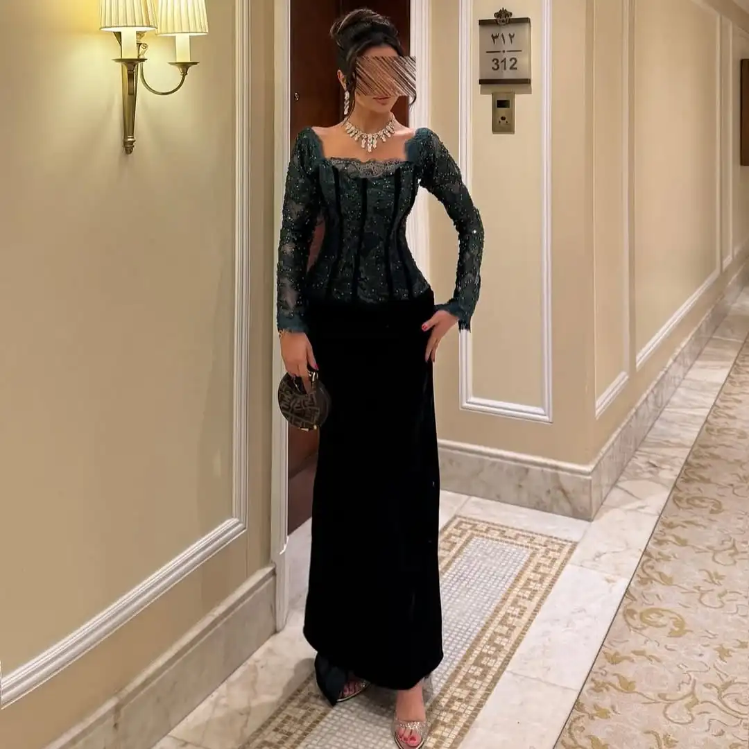 

New Design Square Neck Fishbone Slim Sequins Embroidery Elegant Mermaid Evening Prom Formal Party Dress