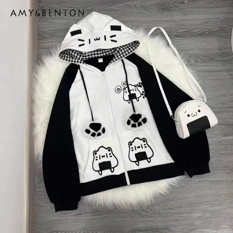 2024 Japanese Autumn and Winter Cartoon Cat Claw Embroidery Hooded Long-Sleeved Sweater Velvet Loose Zipper Jacket Top For Women