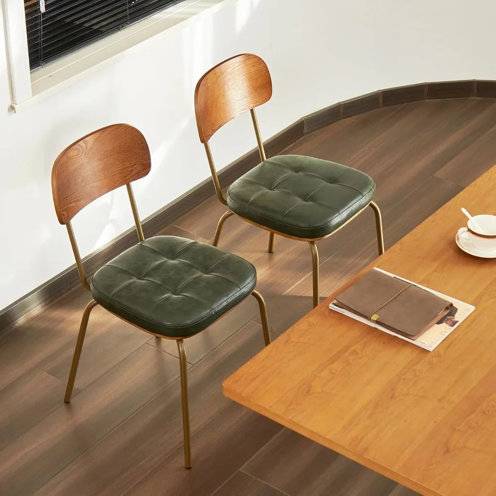 

Pair of Mid-Century Modern Dining Chairs: Retro Style with Faux Leather Seats and Solid Wood Backs