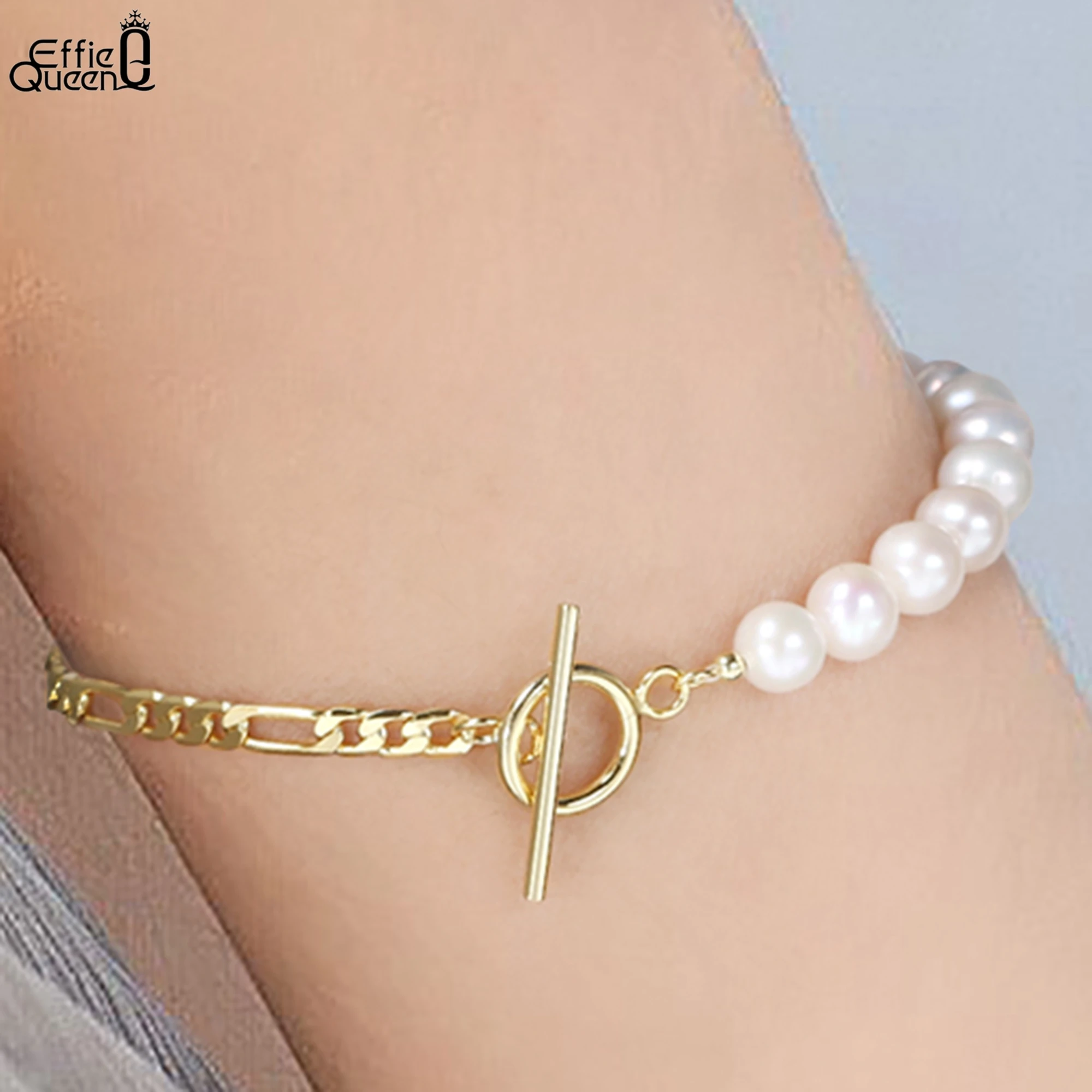 

EFFIE QUEEN S925 Серебряный 14-каратный золотой браслет круглой формы с жемчужной цепочкой плюс цепочка Фигаро Простые украшения для женщин Банкет GPB06