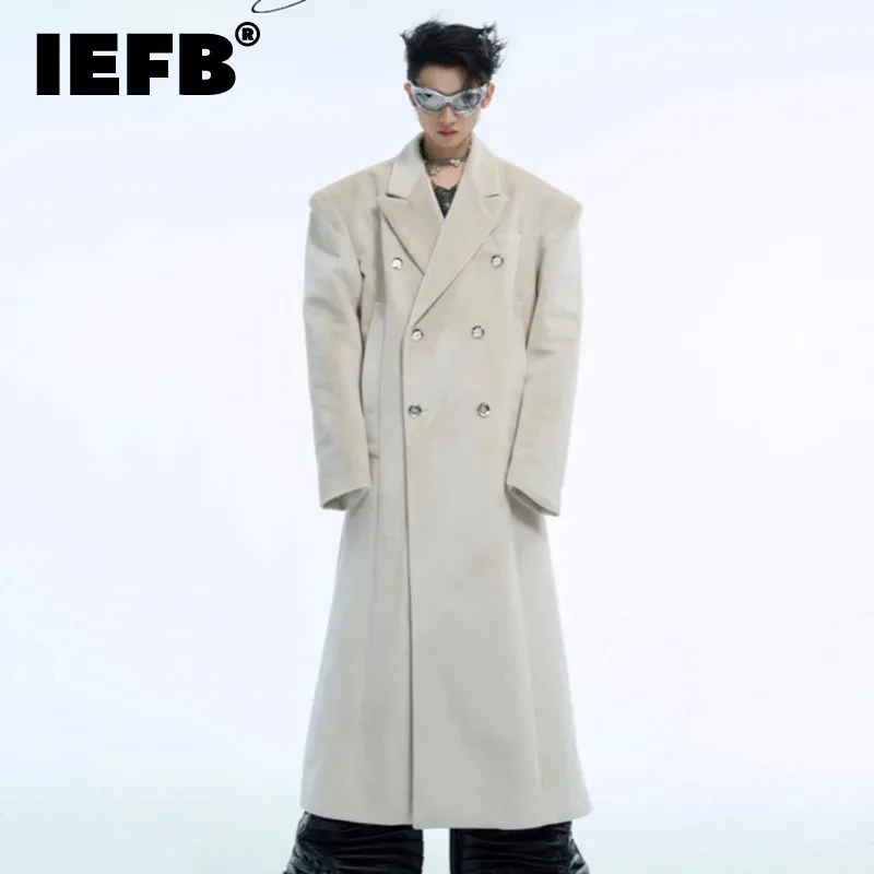 IEFB Niche Design Men's Woolen Overcoat Velvet Metal Double Breasted Solid Color Thickened Autumn Winter New Male Coat 24E5182