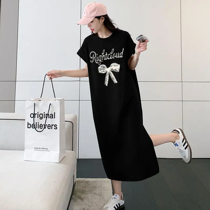 한국 스타일 반팔 프린트 드레스 미디 길이 사이드 슬릿 패션 플러스 사이즈 여성 의류 맥시 드레스 티셔츠 롱 드레스