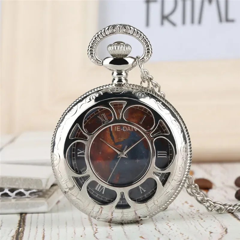 Silver Hollow Out Flower Case Roman Number Quartz Analog Pocket Watch for Men Women Necklace Sweater Chain Collectable Watches