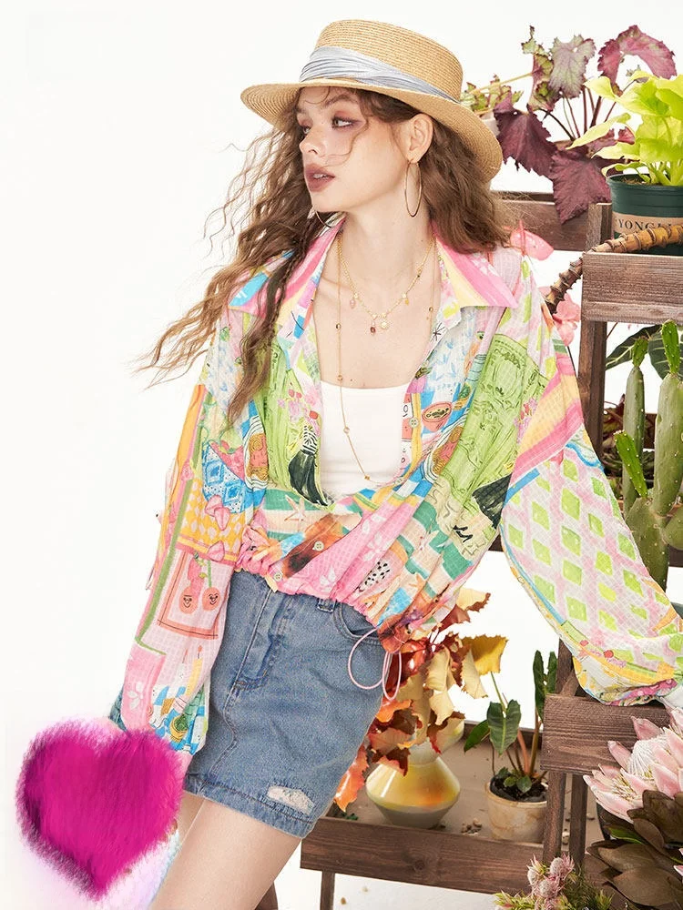 

Ele Long Sve Dstring Printed Lightweight irt for Women Casual Loose Fit Polyester Fiber V-Ne Summer Faion