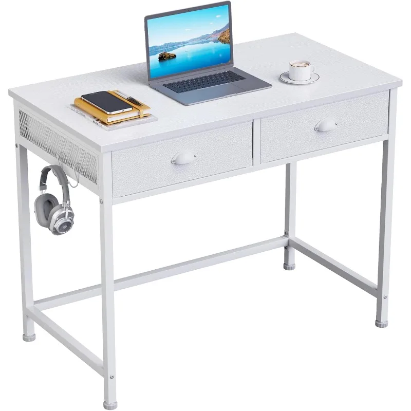

White Small Computer Desk with 2 Fabric Drawers, 36 Inch Simple Home Office Writing Desk, Vanity Desk with Hooks, Study Desk fo
