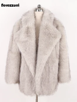Nerazzurri เสื้อโค้ทขนสัตว์เทียมมีขนปุยนุ่มอบอุ่นหนาขนปุยสำหรับผู้หญิง2024คาร์ดิแกนมีปกเสื้อลำลองขนปุยฤดูใบไม้ร่วงฤดูหนาว