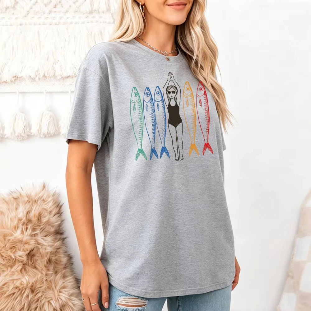 Woman Rainbow Fish White Outline Graphic Tee Short Sleeve Cropped Women T--shirt Fisherman Aesthetic Coastal Nautical Ocean