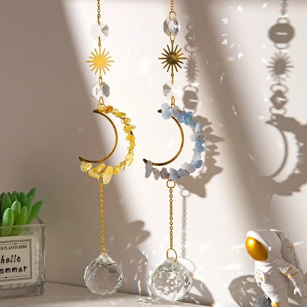 Crystal Wall Hanging Crystal Suncatcher Raw Stone Colourful Moon Prism Pendant Shape of the Moon Sunlight Catcher Garden