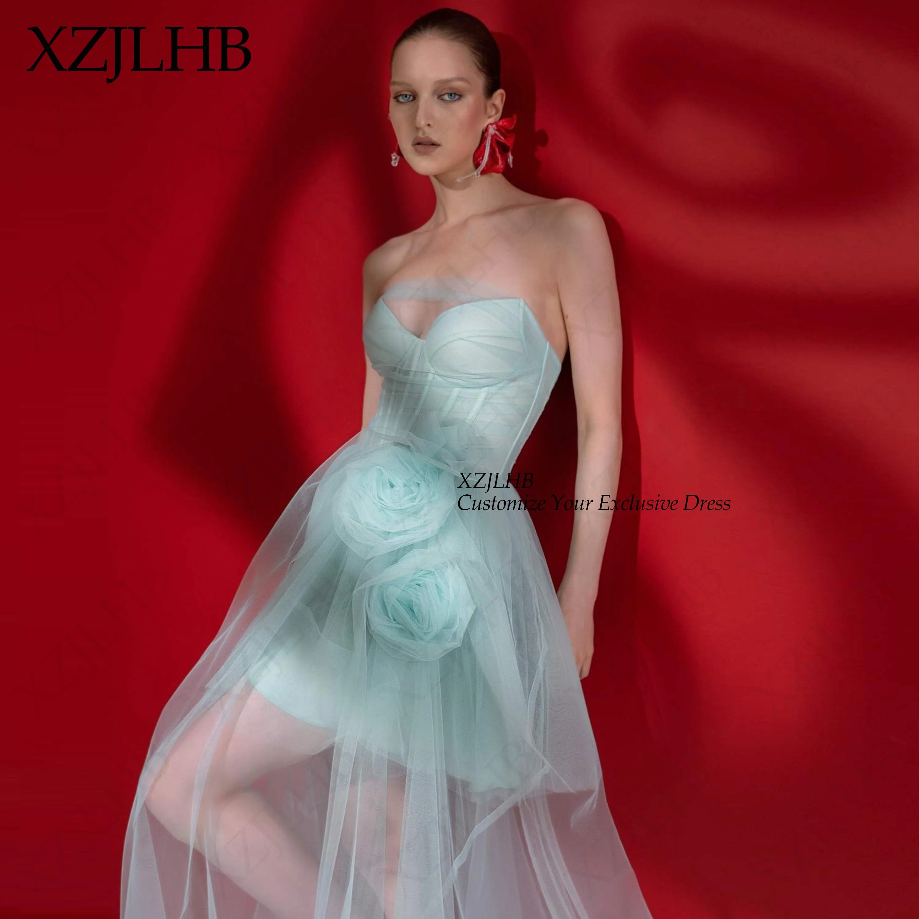 XZJLHB Tulle Formal Prom Gowns Tight Strapless Big Flower Party Gown Illusion Backless Vestidos De Fiesta Custom Made 2026