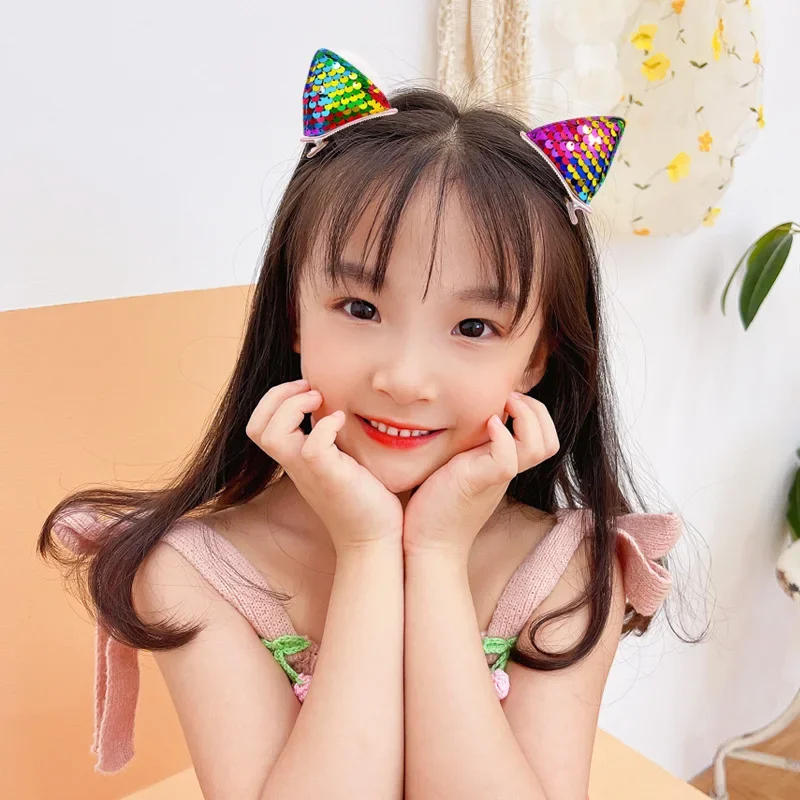 New Gradient Sequins Cat Ears Hairpins Girls Cute Hair Clips Hair Accessories Women Sweet Barrettes Kids Fashion Ornaments Gift