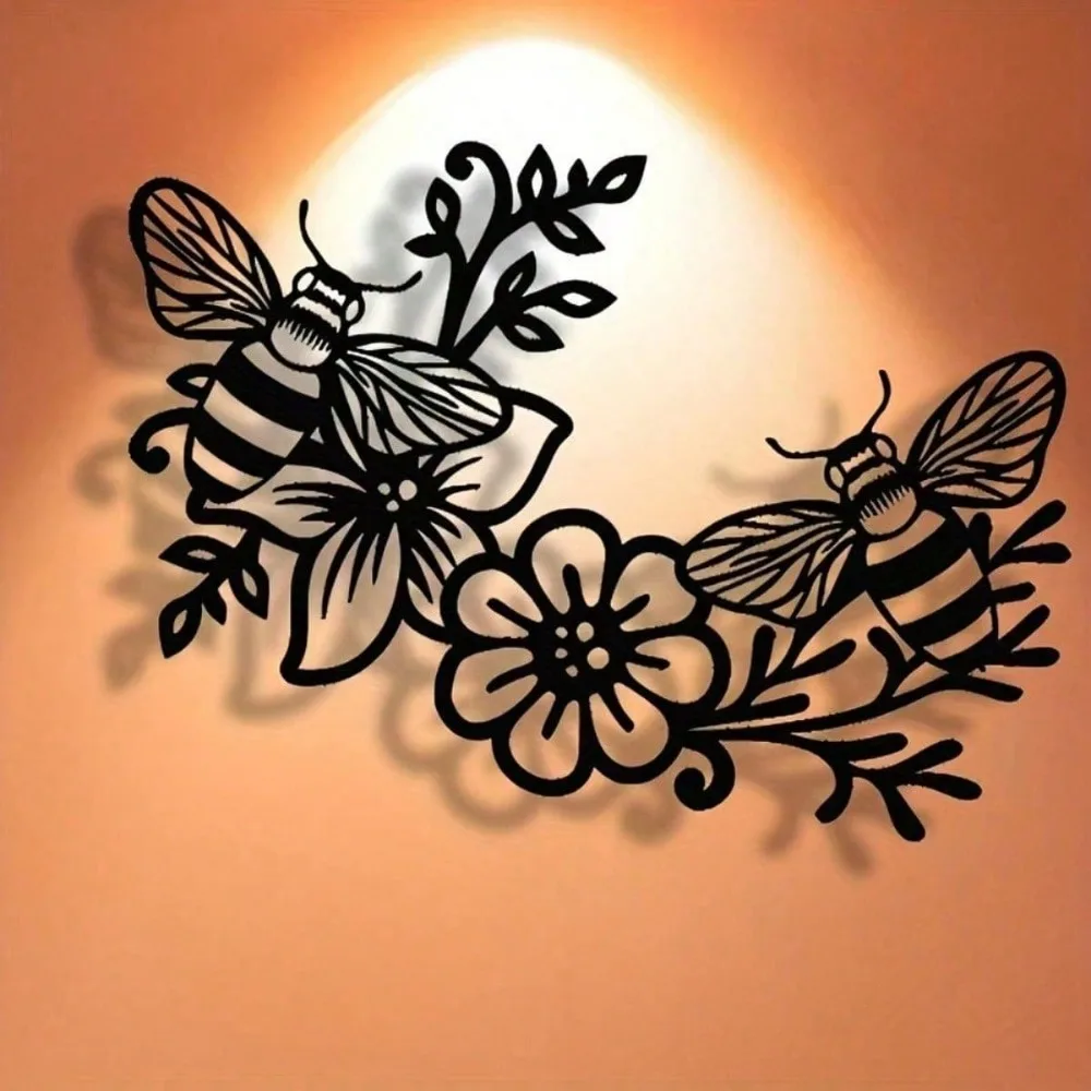 Black Iron Art Metal Wall Decor - Waterproof Bees & Plants Modern Minimalist Home Art