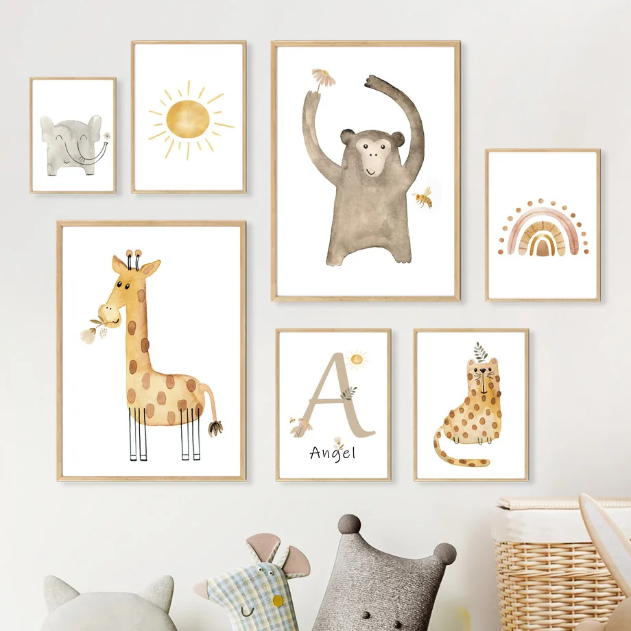 

Funny Giraffe Leopard Rainbow Elephant Watercolor Boho Cartoon Wall Art Canvas Painting Posters And Prints Baby Kids Room Decor