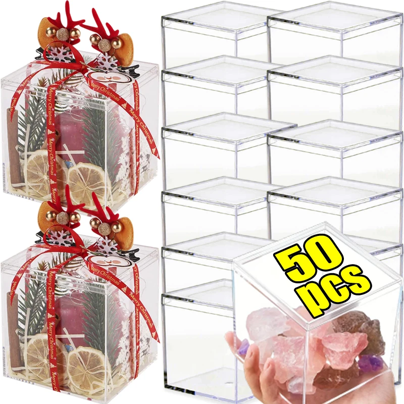 

1-50pcs New 5cm Square Acrylic Boxes with Lid Thickened Transparent Box Cosmetic Storage Box Wedding Candy Boxes