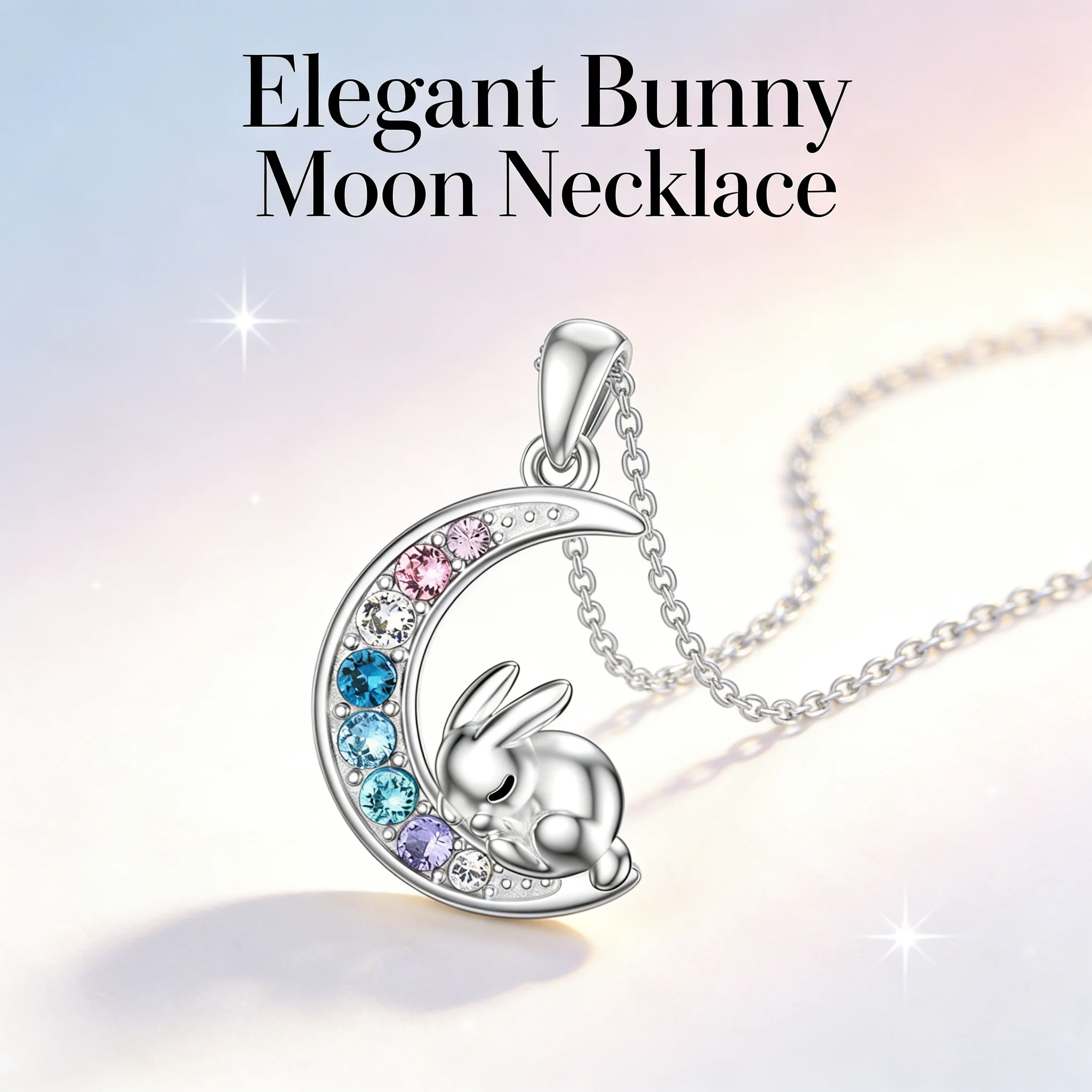 

Zinc Alloy Sleeping Bunny Moon Necklace Gradient Colorful Faux Crystal Cute Gift for Women Girls