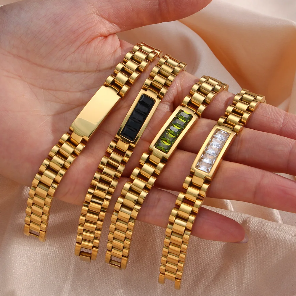 

2025 Oringinal Design Green Black White 3A Zircon Paved Watchband Wrist Bracelets For Women Stainless Steel Gold Plated Bangles