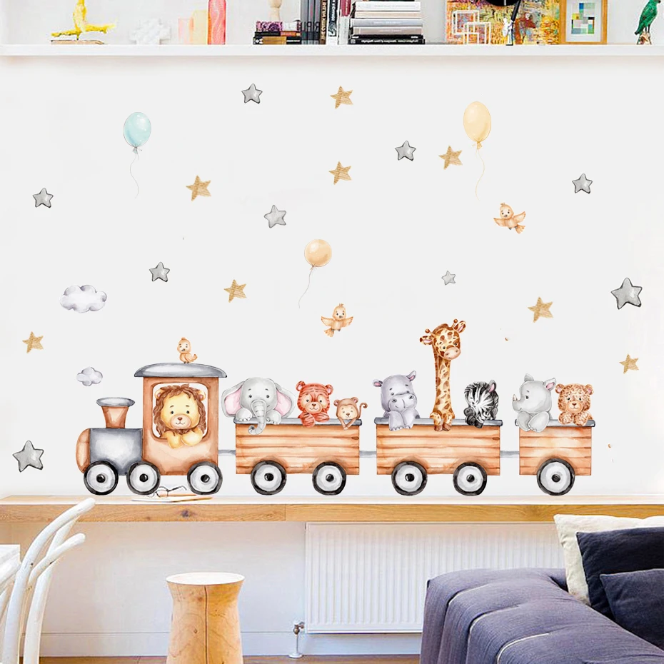 Nordic Cartoon Animals Wall Stickers for Kids Rooms Girls Boys Baby Room Decoration Giraffe Elephant Train Birds Star Wallpaper