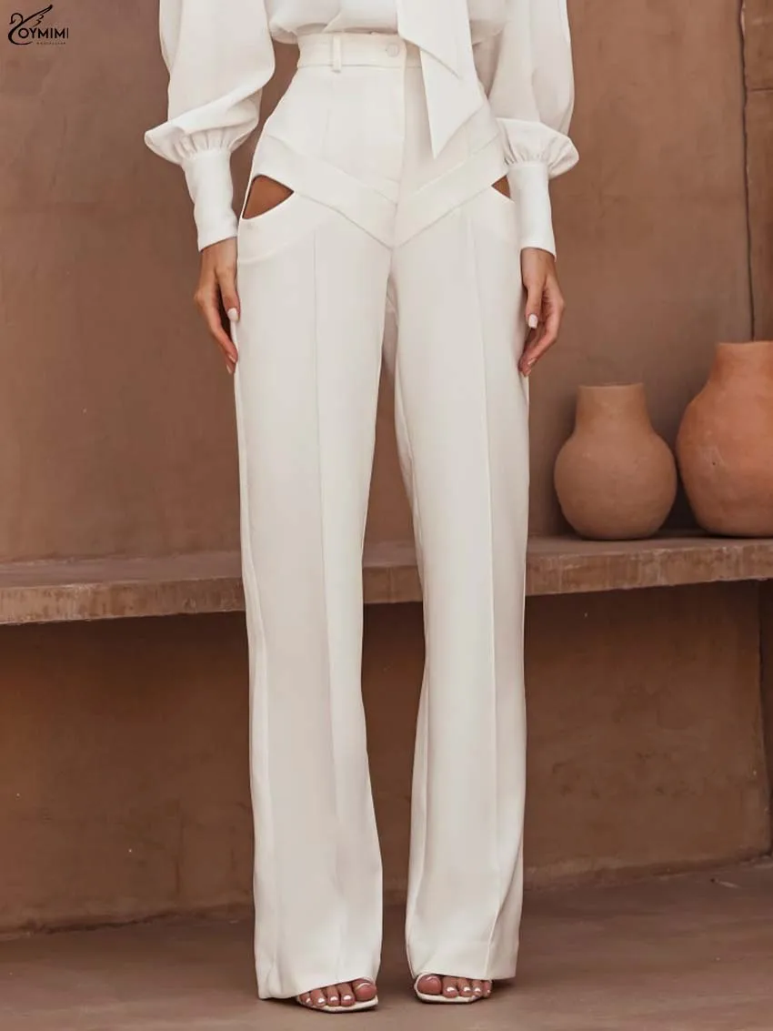 Oymiim Fashion Beige Button Women's Pants Autumn High Waisted Hollow Out Trousers Casual New Zipper Straight Full Length Pants