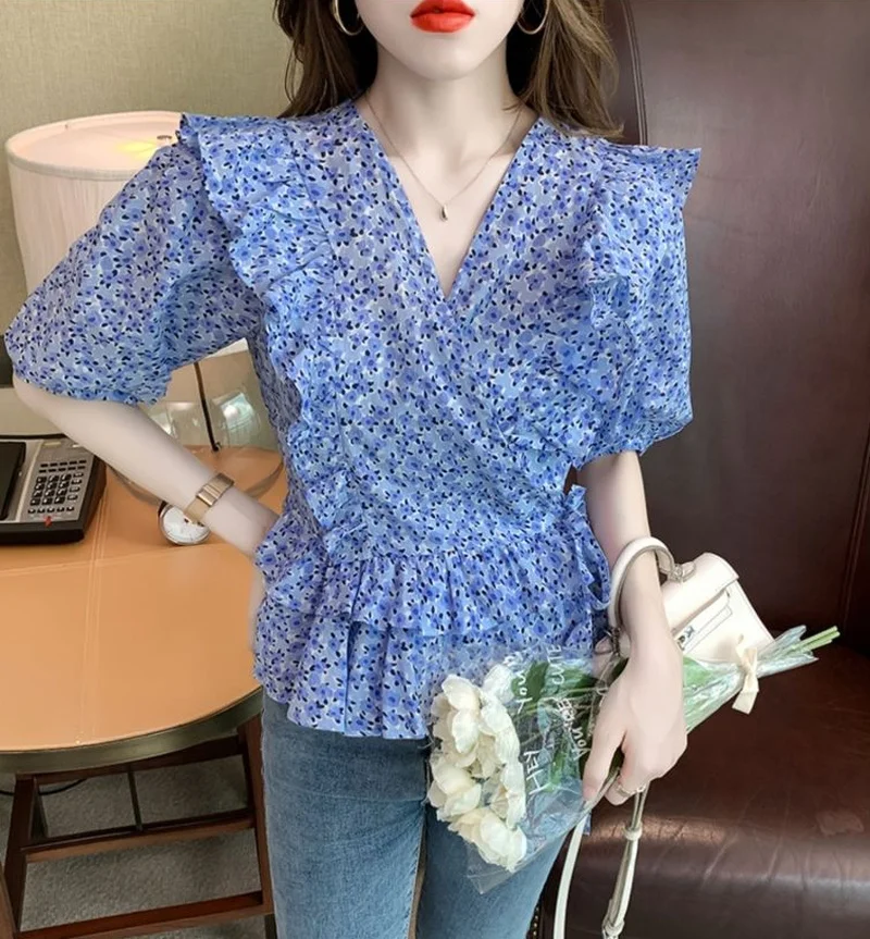 Clothes Floral Womens Shirt & Blouse V Neck Tops for Women Ruffle Frill with Puffy Sleeves Bow Korea Stylish Cute and Elegant M