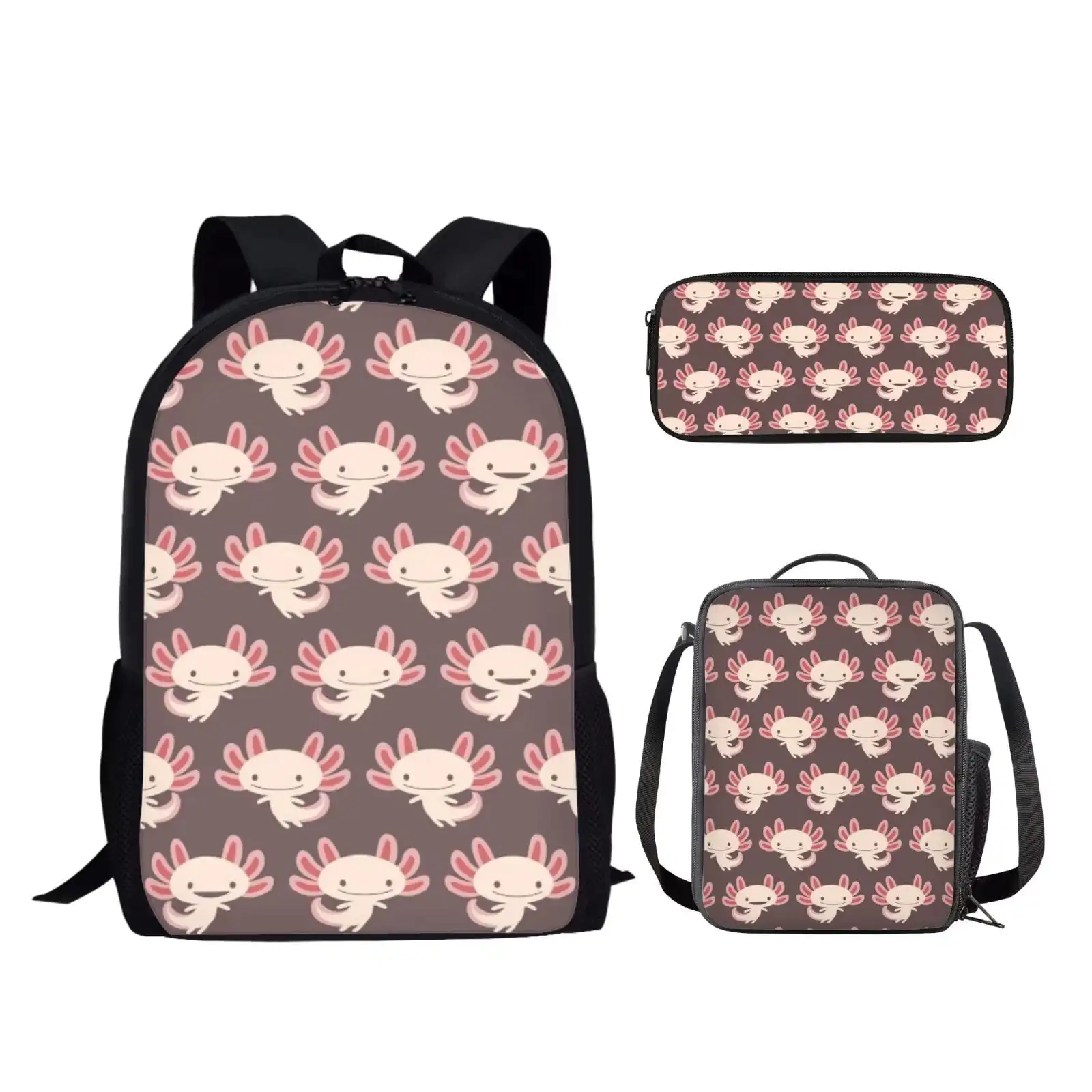 Cartoon Axolotl Backpacks for Teenager Girls Boys 3Pcs School Bag Set Kid Student Casual Book Bag with Lunch Bag Pencil Bag