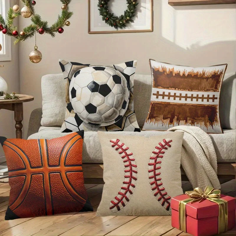4pcs Sports Ball Theme Single-sided printing Short plush Suitable for living rooms bedrooms sofas (excluding pillow cores)