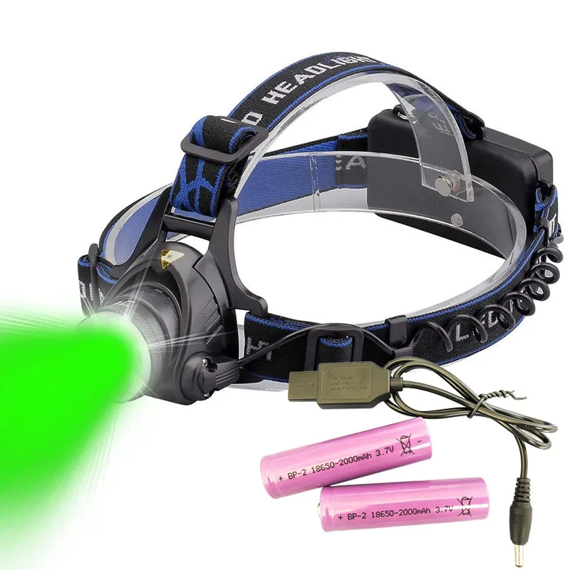 Zoomable Green LED Headlamp Tactical Head Flashlight USB Rechargeable Outdoor Head Light for Night Hiking Camping Hunting