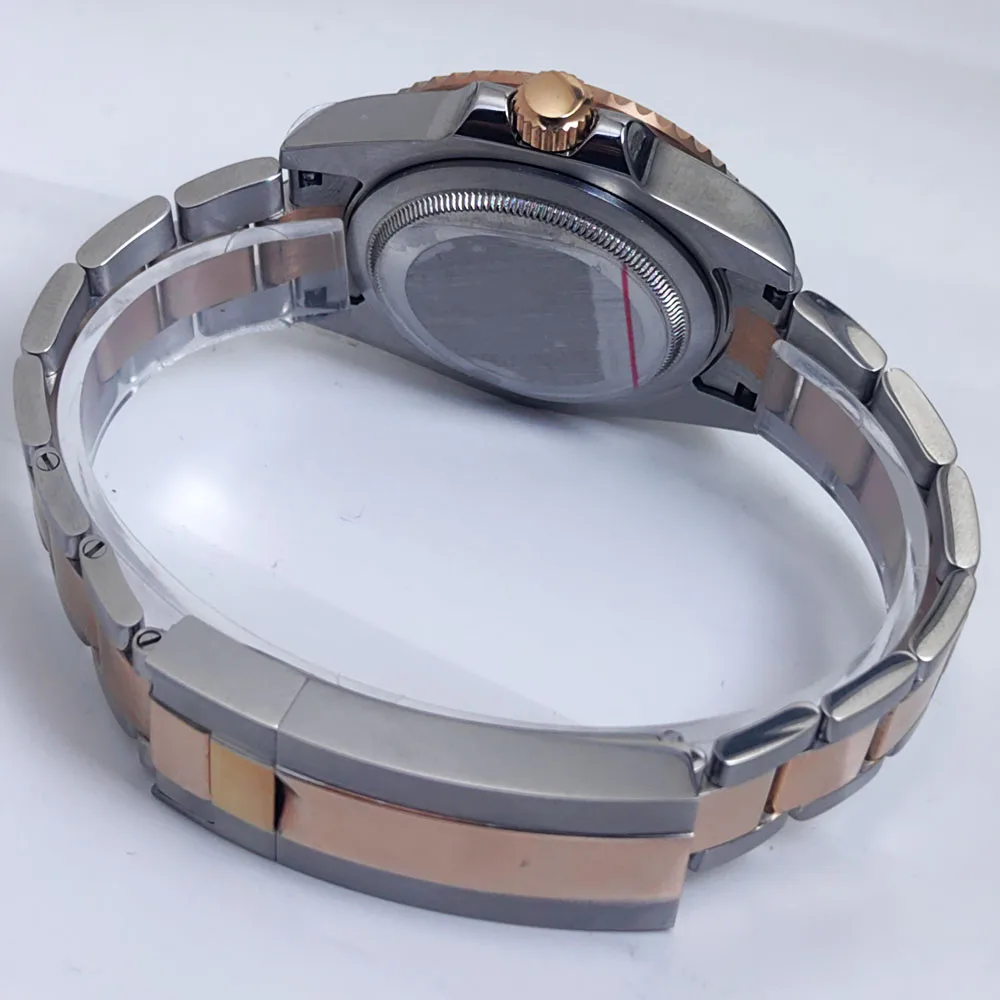 40 مللي متر الفضة والذهب الوردي حاوية من الفولاذ المقاوم للصدأ حزام الياقوت الزجاج الأخضر الإطار الزجاجي القاع مع حركة NH34/35