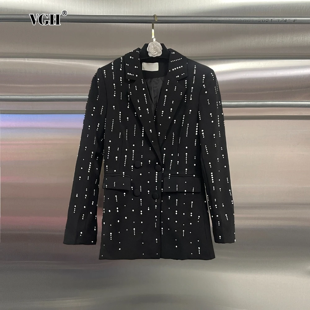 

VGH однотонный вечерний блейзер с бисером для женщин с зубчатым воротником и длинными рукавами в стиле пэчворк, двубортное темпераментное пальто, женское