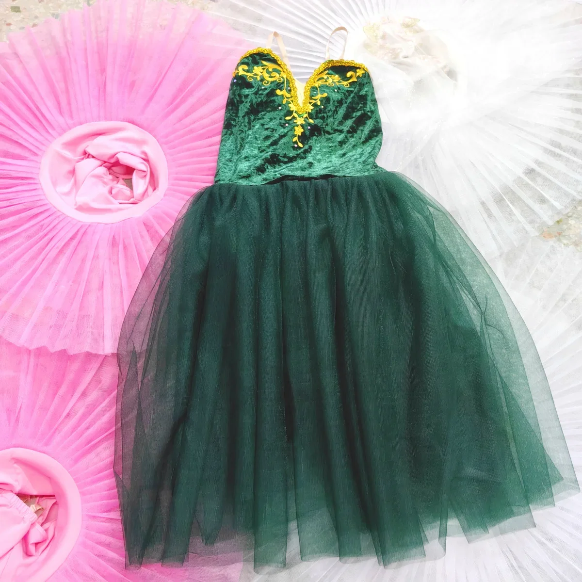 Oliver Green Ballet Romantic Long Dress Princess Dance Costume For Children Girls Sling Stage Performance clothes Velvet Tops